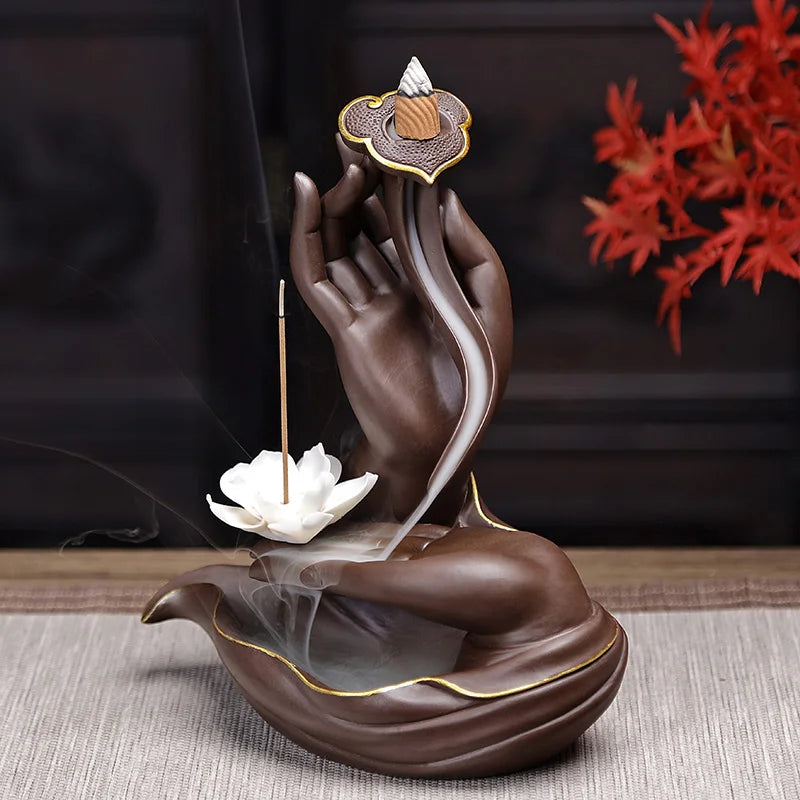 Ceramic Backflow Incense Burner Lotus Incense Stick Holder Smoke Waterfall