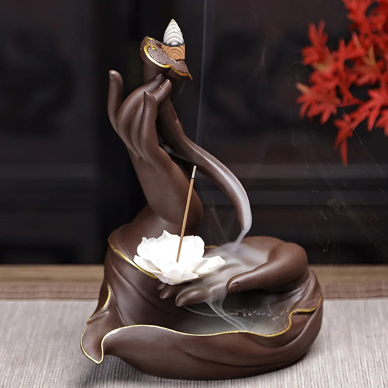 Ceramic Backflow Incense Burner Lotus Incense Stick Holder Smoke Waterfall