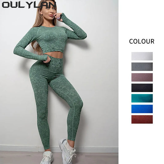 Gym Leggings Set Tie-Dye Seamless Yoga Sets, High Waist Hip Raise Pants Long Sleeve Suit