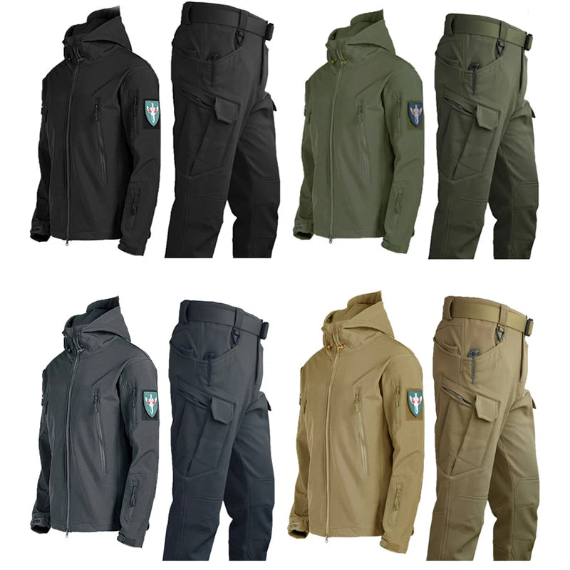 SoftShell Tactical Waterproof Jacket Hooded Tracksuits Set Men