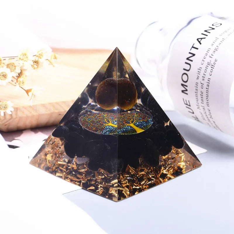 Natural Orgonite Pyramid Tiger's Eye Quartz Crystal Sphere Ball Healing Tree of Life Energy