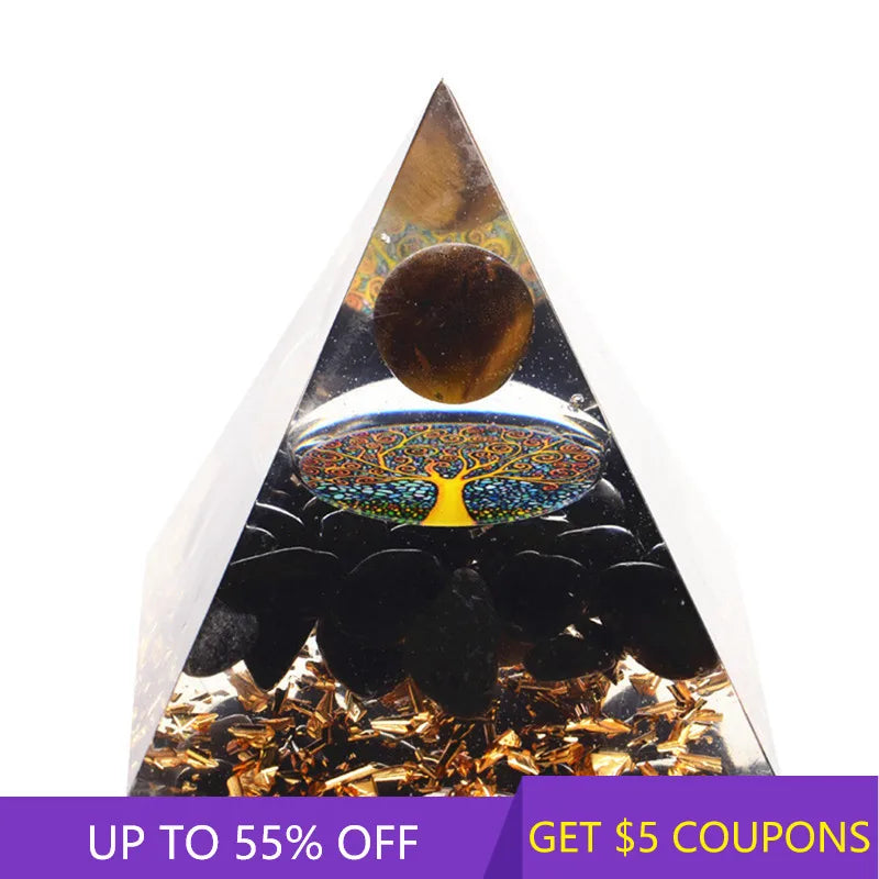 Natural Orgonite Pyramid Tiger's Eye Quartz Crystal Sphere Ball Healing Tree of Life Energy