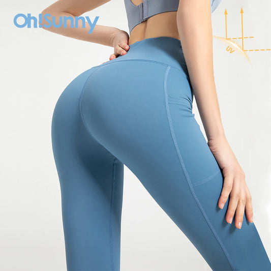 Women Gym Leggings Yoga Pants Solid Color Stretchy High Waist Push UP Heart Shape Line Mesh Pocket