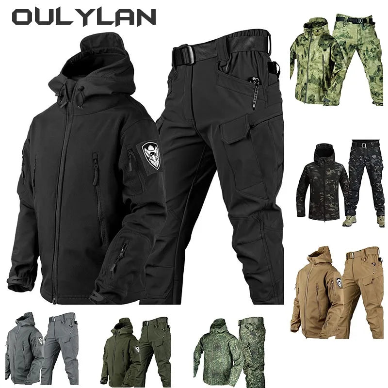 Outdoor Shark Skin Warmth Jackets Pants Set Tactical Camo Thickened Coat Soft Shell