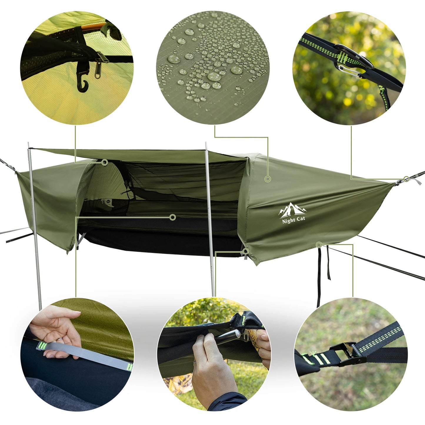 Night Cat Flat Lay Hammock Tent with Mosquito Net Waterproof Rainfly Storage Room for 1 Person