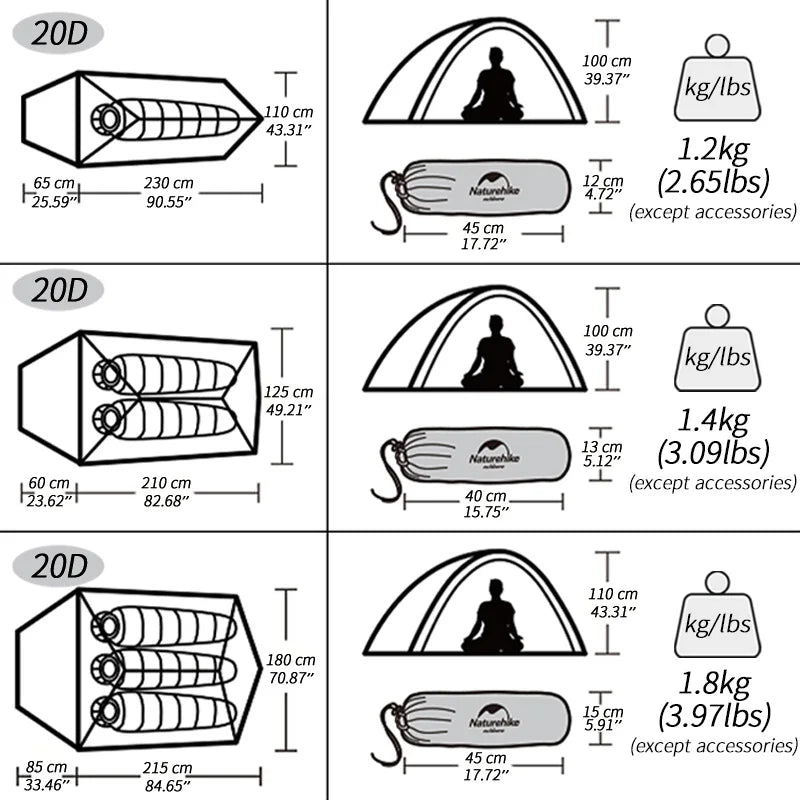 Naturehike Cloud Up 1 2 3 People Tent Ultralight 20D Camping Tent Waterproof