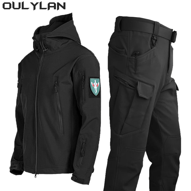 SoftShell Tactical Waterproof Jacket Hooded Tracksuits Set Men